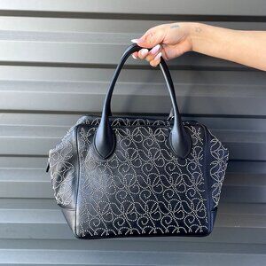 ALAIA Black Leather Studded Grommet Paisley Design Bowling Bag SHW
